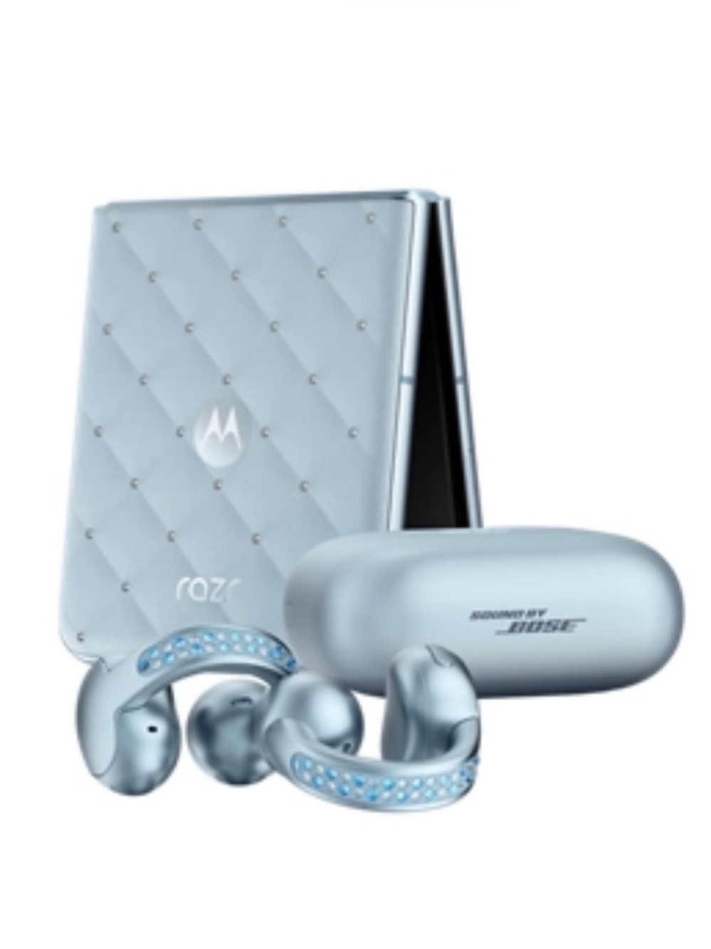 Silver Wireless Earbuds with Light Blue Crystal Accents